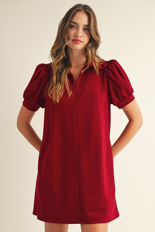 Wine Puff Sleeve Dress