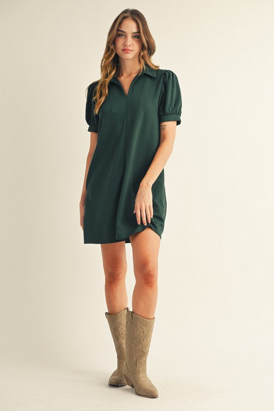 Hunter Green Puff Sleeve Dress