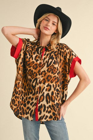 Satin Leopard Print Button Up Top