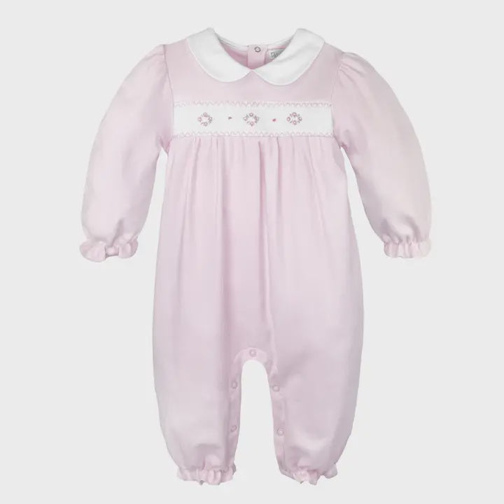 SMOCKED FLOWER KNIT OVERALL