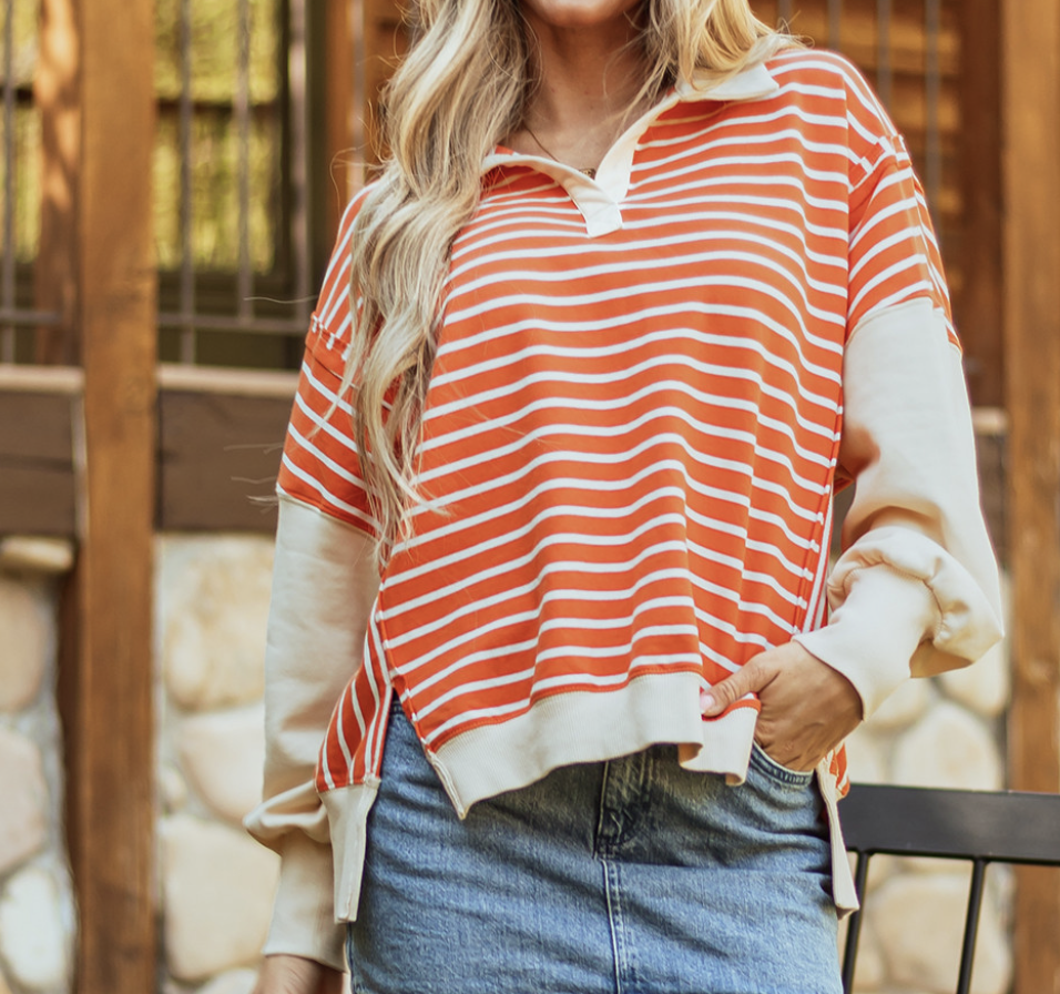 Orange Striped Collared LS Top