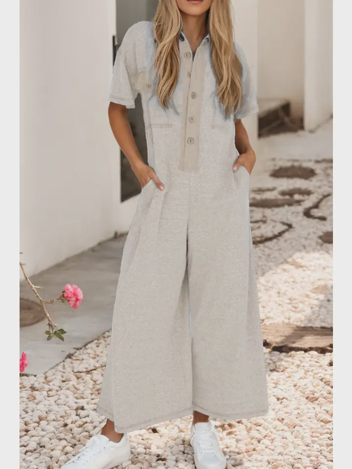 Button Contrasted Patchwork Pocketed Jumpsuit