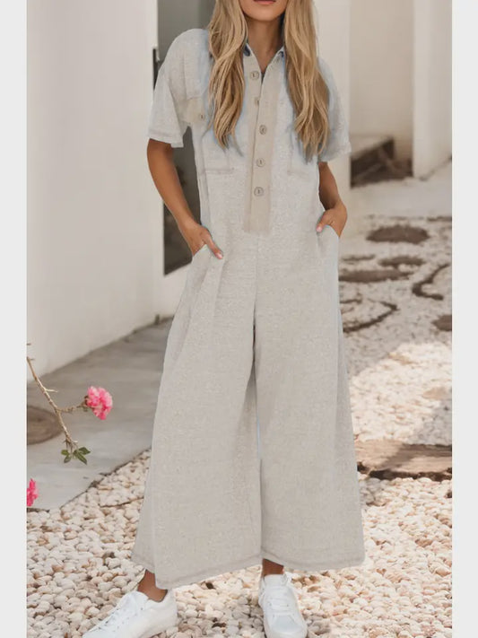Button Contrasted Patchwork Pocketed Jumpsuit