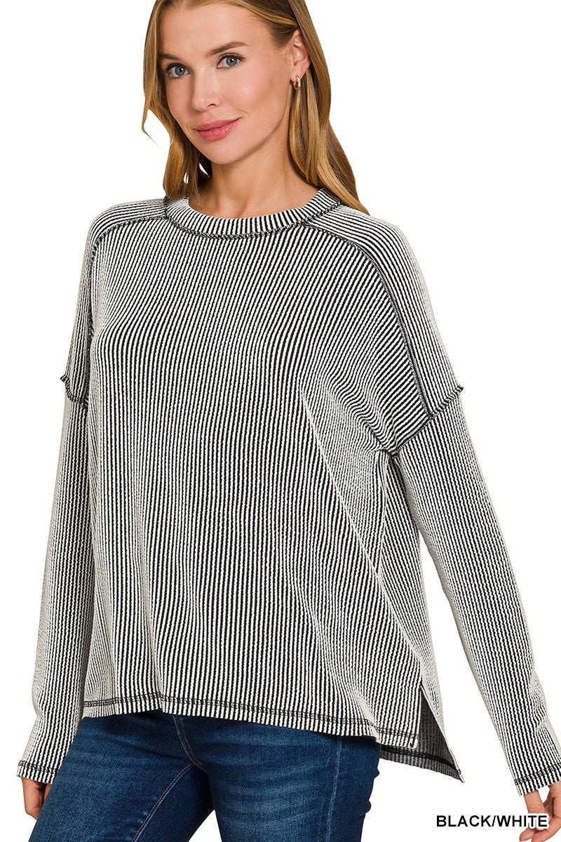 Raised Rib Raw Edge Boat Neck Long Sleeve Top