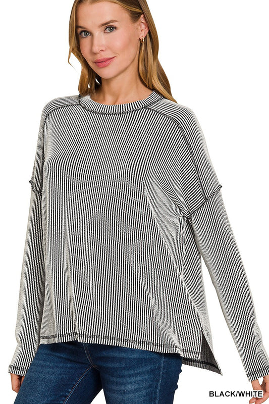 Raised Rib Raw Edge Boat Neck Long Sleeve Top