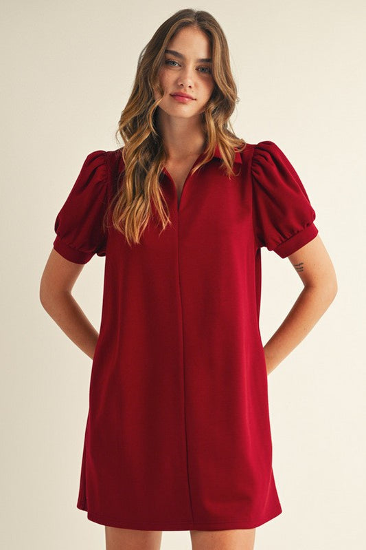 Wine Puff Sleeve Dress