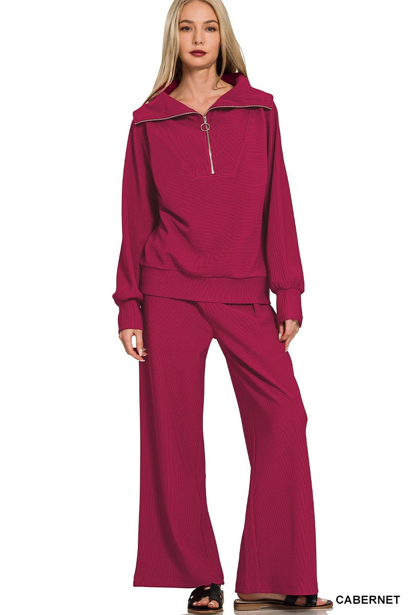 Ribbed High Neck Half Zip Pullover & Pants Se