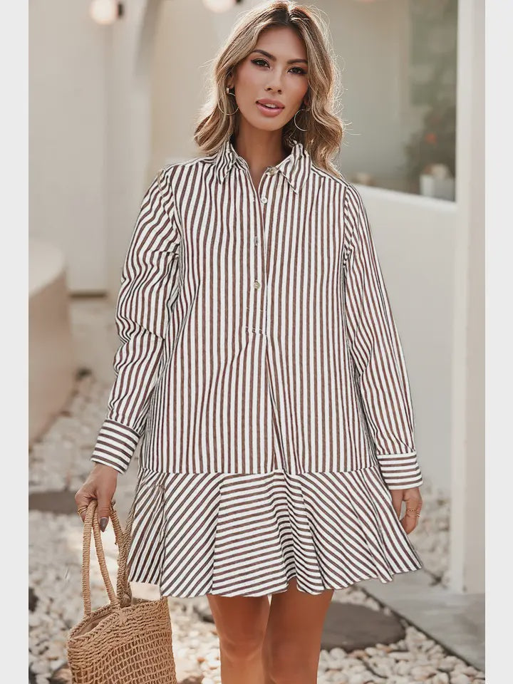 Stripe Ruffled Hem Collared LS Dress
