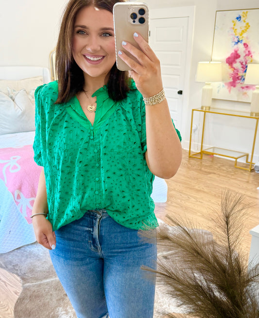 Green Eyelet Puff Sleeve Top