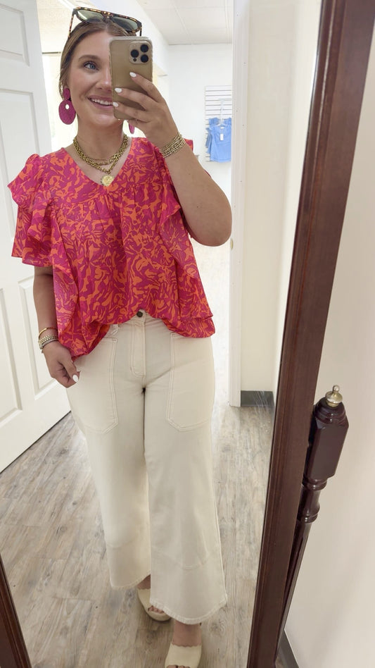 Orange & Pink Flutter SLV Top