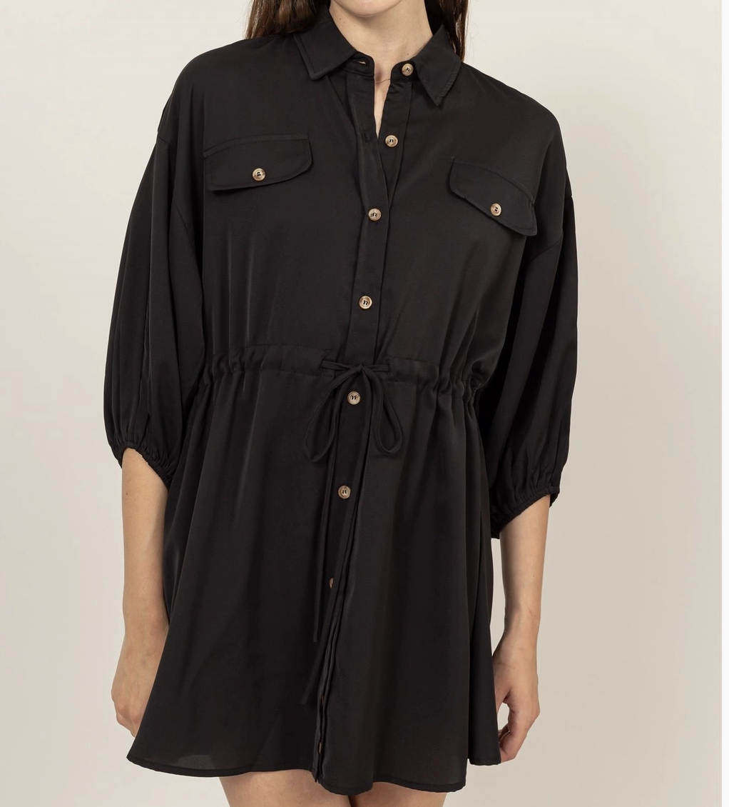 Black Button Down Puff Sleeve Dress