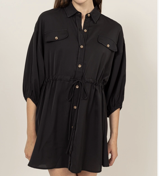 Black Button Down Puff Sleeve Dress
