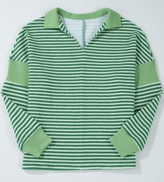 Green Stripe V-Neck Top
